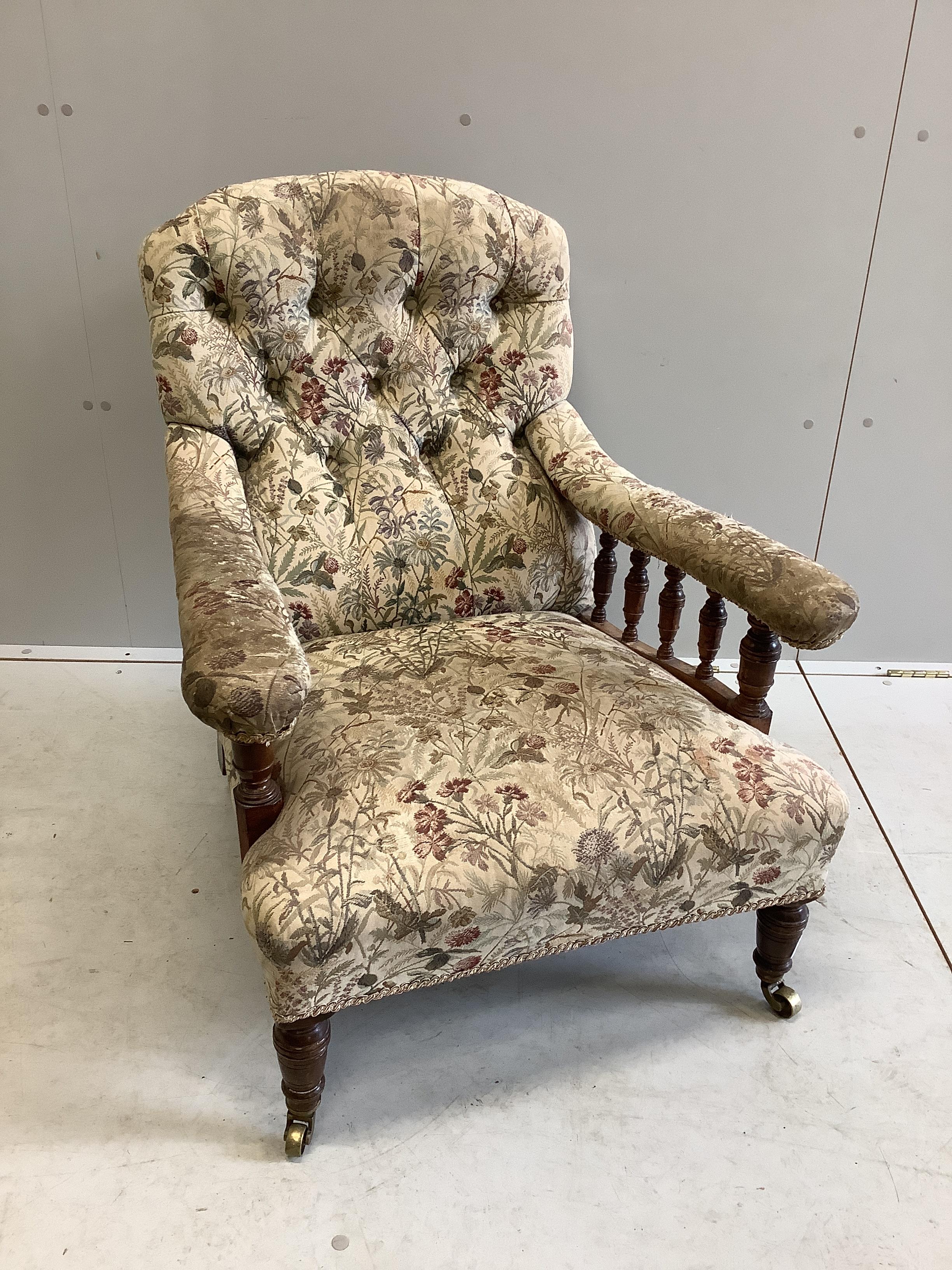 A late Victorian mahogany upholstered open armchair, width 68cm, depth 86cm, height 80cm